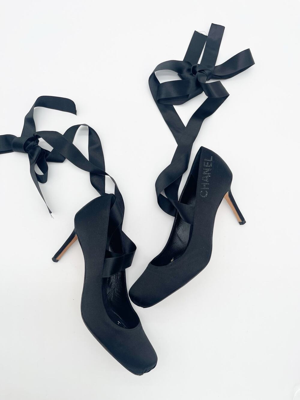 Chanel Vintage Black Satin Crystal Logo Ankle Lace Up Ballet Pumps Heels EU 37.5
